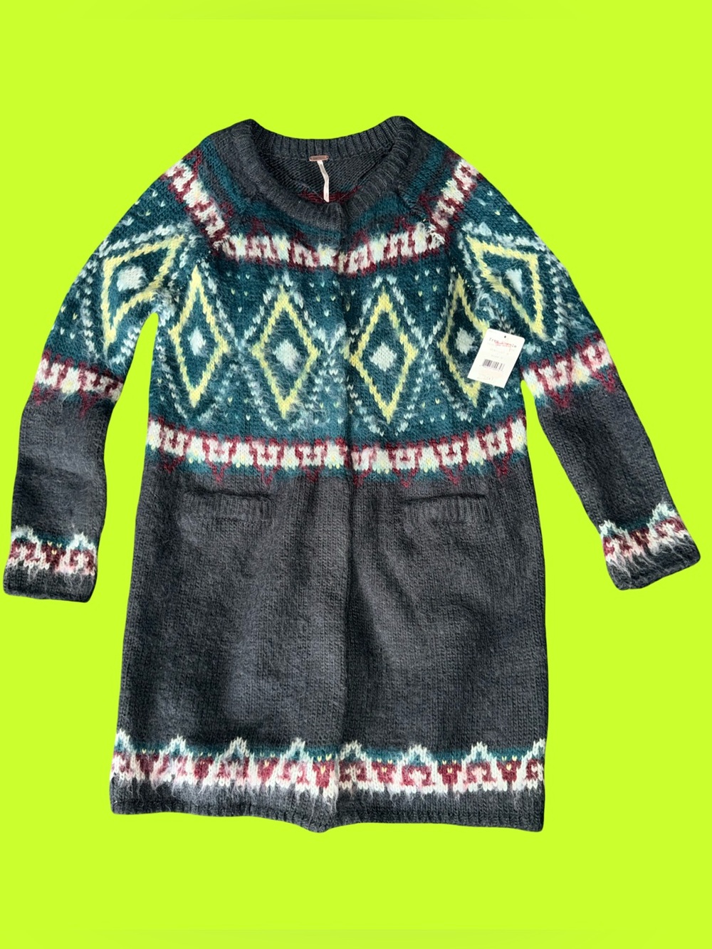 *NWT* Free People | Green Fair Isle Long Mohair Blend Snap Cardigan | Small